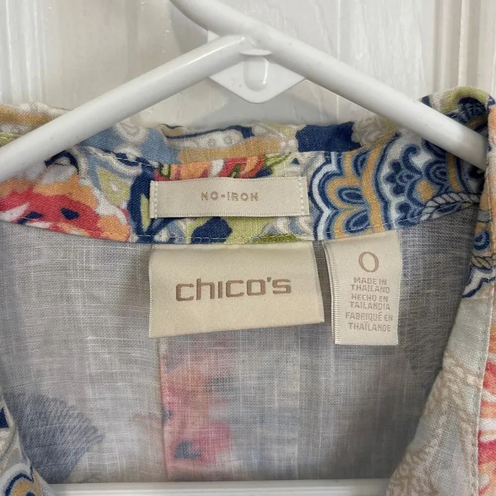 Chico’s No Iron 100% Linen Floral Paisley Button Up Top Size 0 / Small - Picture 7 of 8